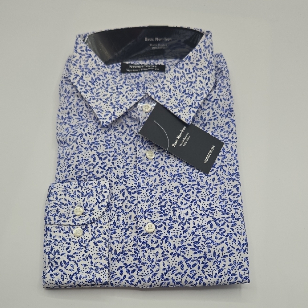 Nordstrom | Blue Floral Print Cotton Long Sleeve Dress Shirt Size 16.5 32-33 NWT